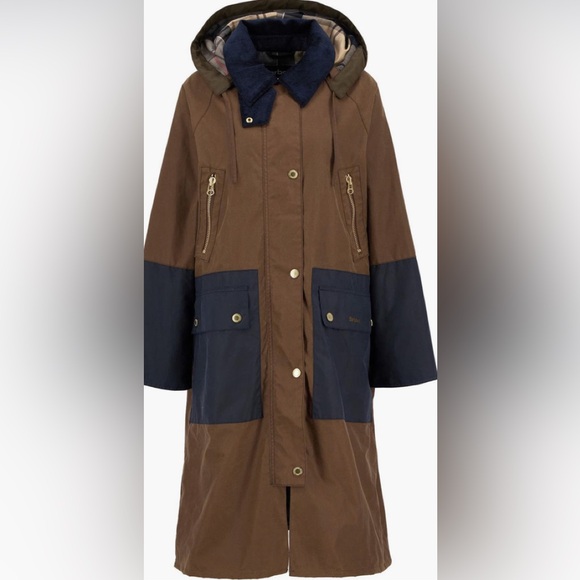 Barbour Jackets & Blazers - Barbour Carolyn Wax Tan / Navy Plaid Hooded Coat 6US